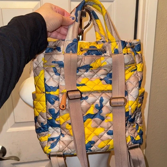 MZ Wallace Quilted Backpack - Yellow, Blue, and Tan camouflage, rare - Picture 12 of 16